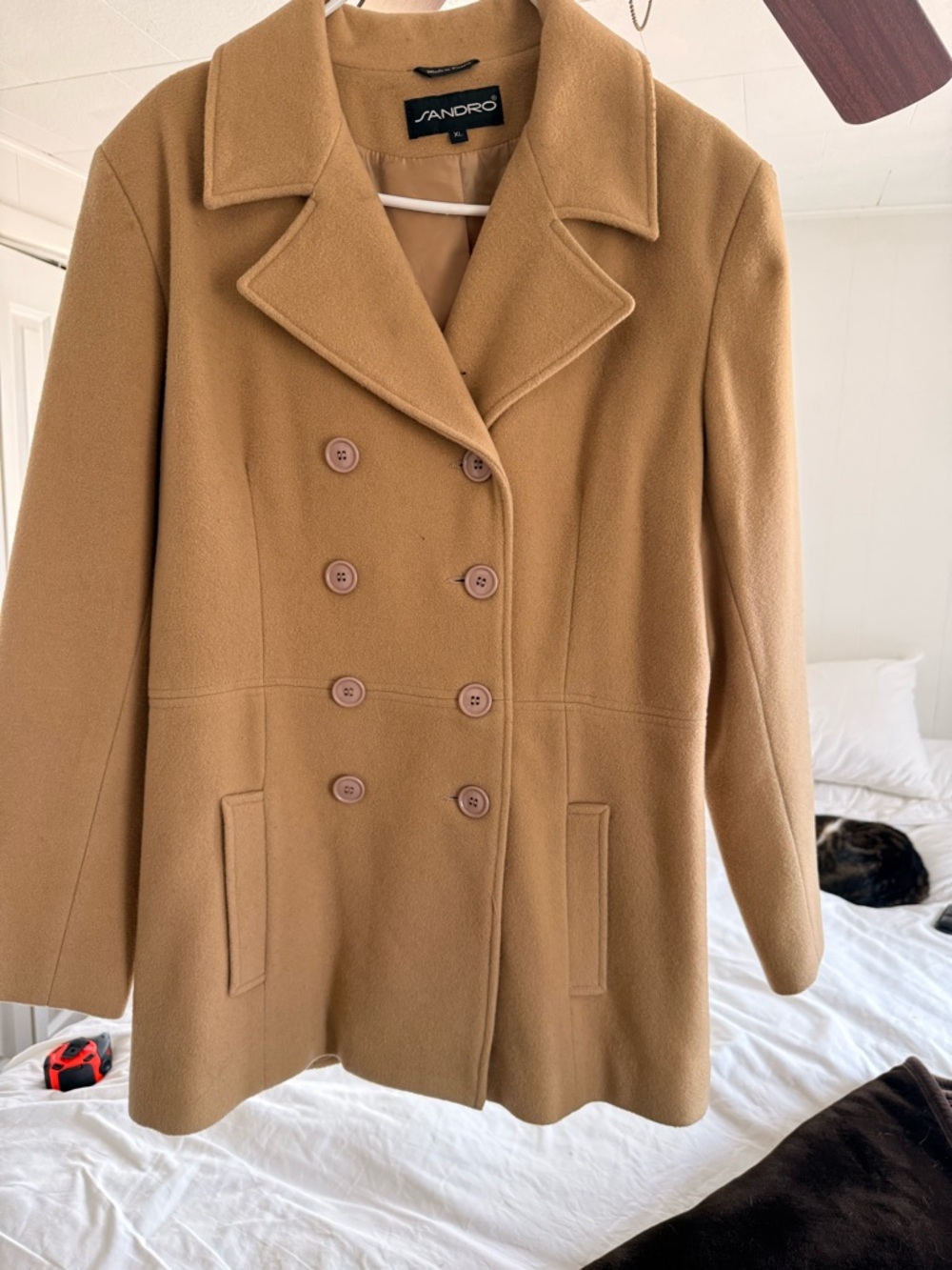 Vintage Sandro Double-Breasted Camel Pea Coat